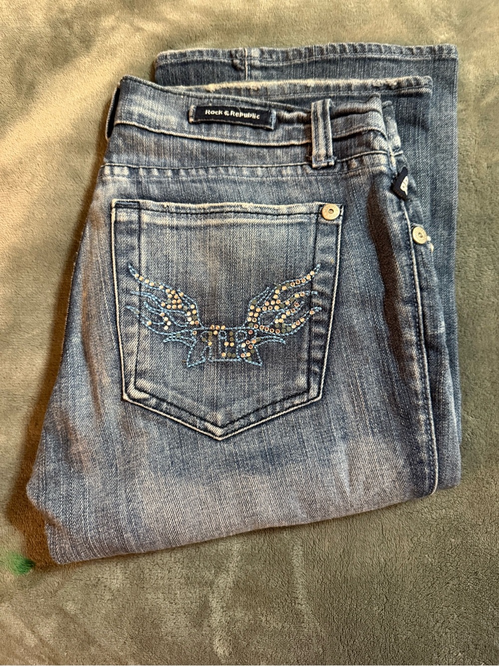 Rock & Republic Light Blue Embellished Wing Pocket Bootcut Jeans Size 27